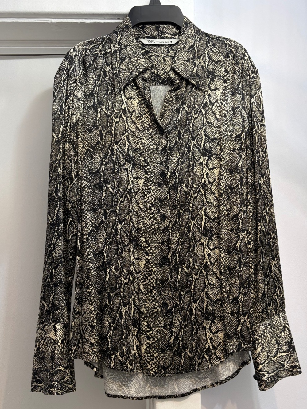 Zara (S) snakeskin print button down shirt, silky soft, long sleeves.